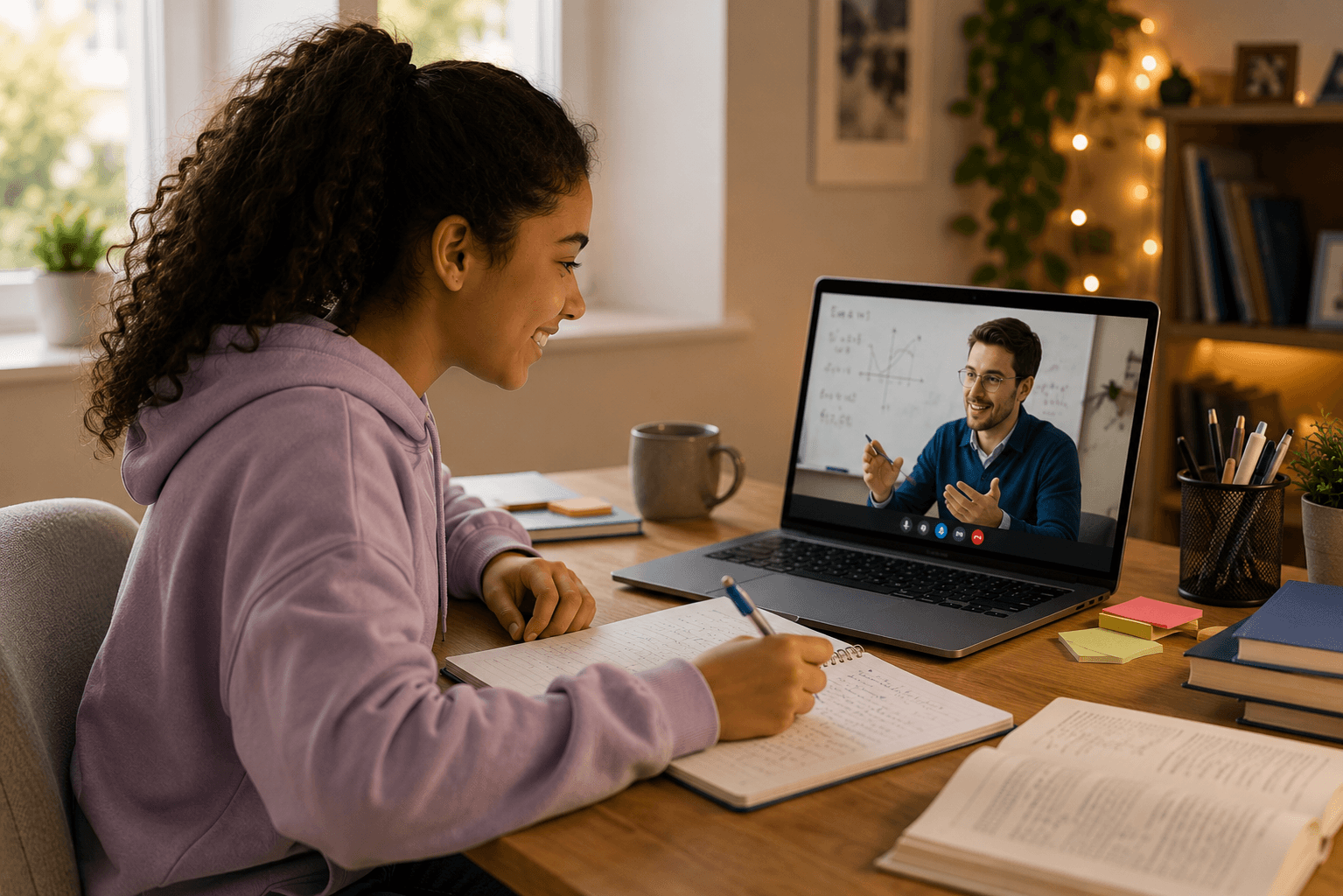 A learner taking part in a focused online tutoring session