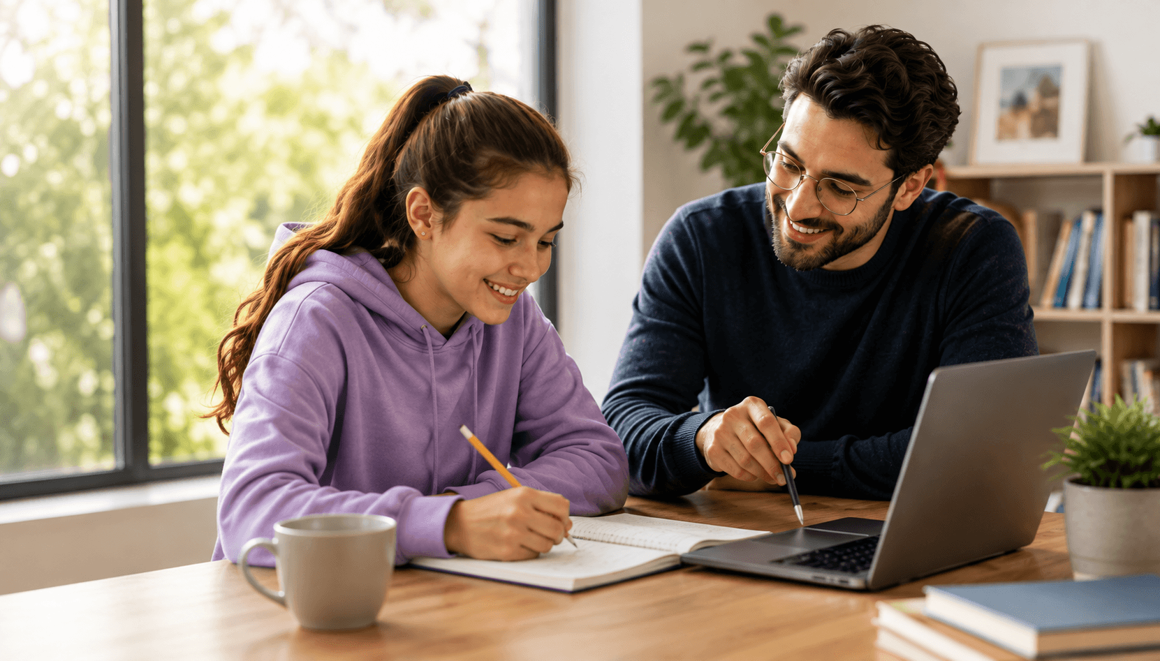 A student smiling during an online tutoring video call with her tutor